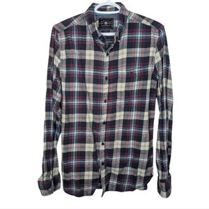 Denim & Flower Flannel Collection Plaid Button Down Blue Red White Mens Slim M